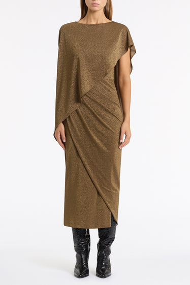 OLD GOLD LUREX KNIT CAPE TWIST DRESS