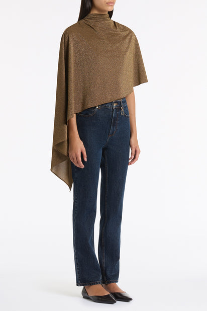 OLD GOLD LUREX KNIT ROUCHED NECK CAPE TOP