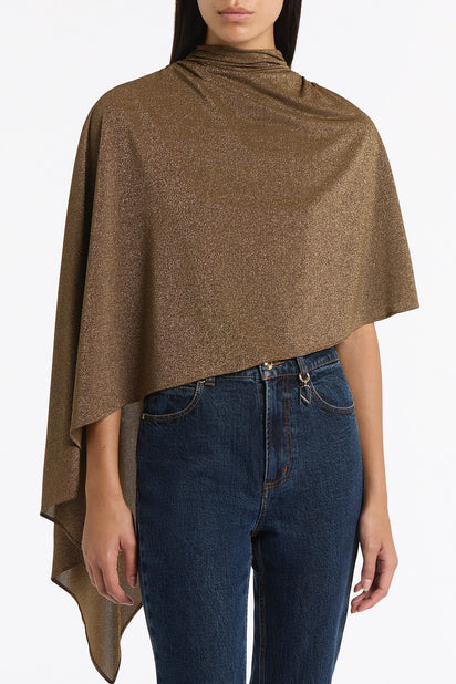 OLD GOLD LUREX KNIT ROUCHED NECK CAPE TOP