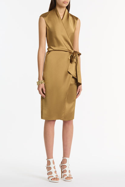 OLD GOLD LUSTRE SATIN WRAP DRESS