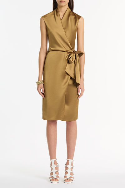 gold satin wrap dress Fayth Split Open Wrap Maxi Dress Bronze