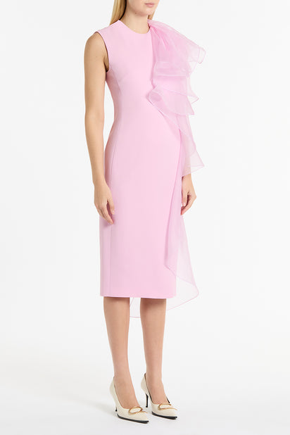 ORCHID CREPE RUFFLE SHOULDER DRESS
