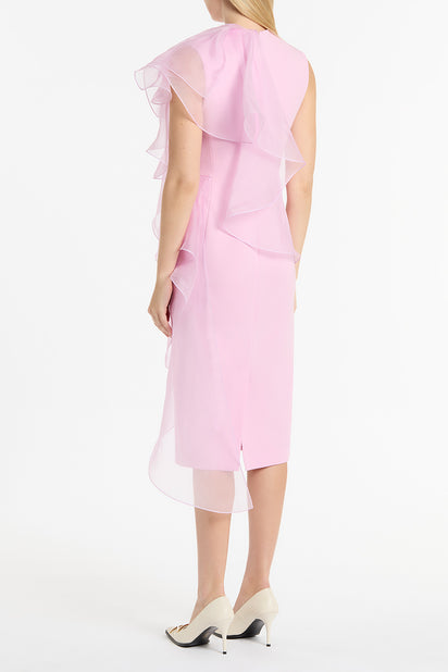 ORCHID CREPE RUFFLE SHOULDER DRESS