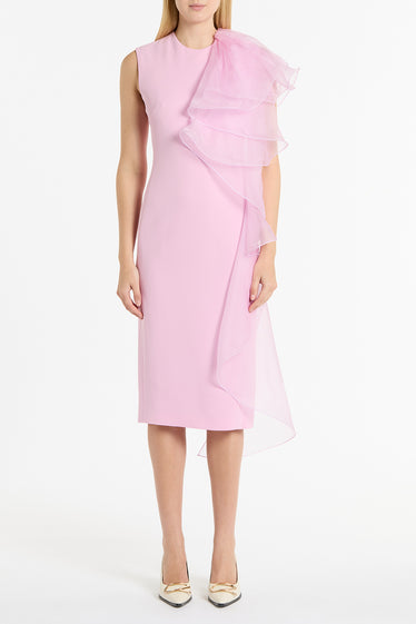 ORCHID CREPE RUFFLE SHOULDER DRESS
