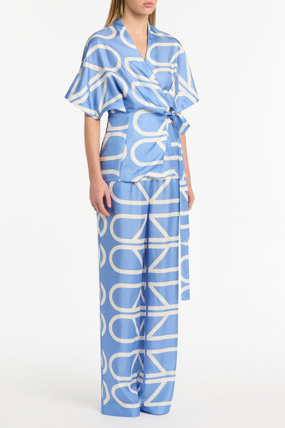 PACIFIC BLUE AND IVORY GRID SILK TWILL ELASTIC PANT