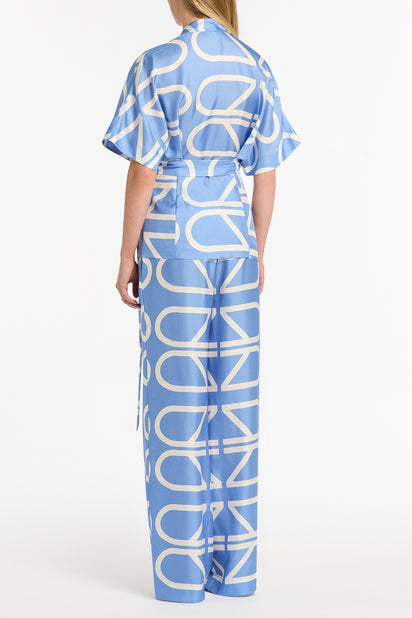 PACIFIC BLUE AND IVORY GRID SILK TWILL ELASTIC PANT