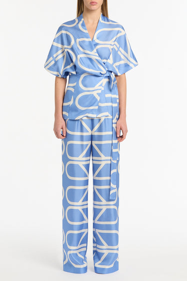 PACIFIC BLUE AND IVORY GRID SILK TWILL ELASTIC PANT