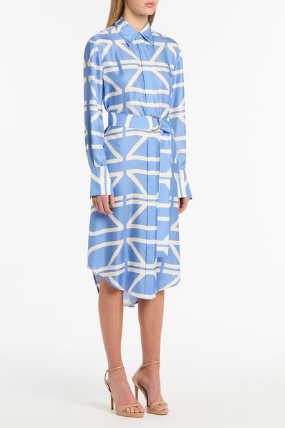 PACIFIC BLUE AND IVORY GRID SILK TWILL RELAXED SHIRT DRESS