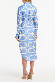 PACIFIC BLUE AND IVORY GRID SILK TWILL RELAXED SHIRT DRESS