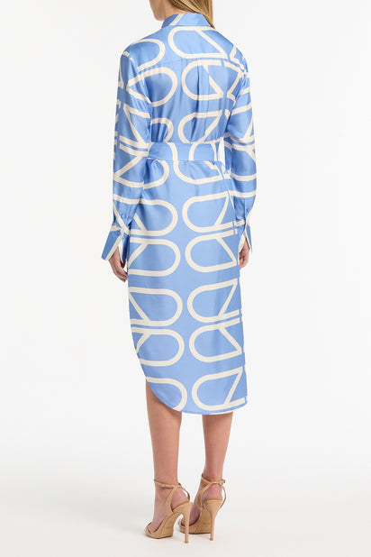 PACIFIC BLUE AND IVORY GRID SILK TWILL RELAXED SHIRT DRESS