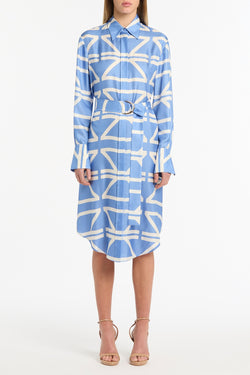 PACIFIC BLUE AND IVORY GRID SILK TWILL RELAXED SHIRT DRESS