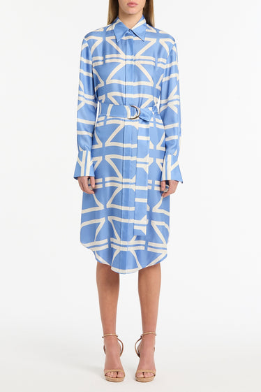 PACIFIC BLUE AND IVORY GRID SILK TWILL RELAXED SHIRT DRESS