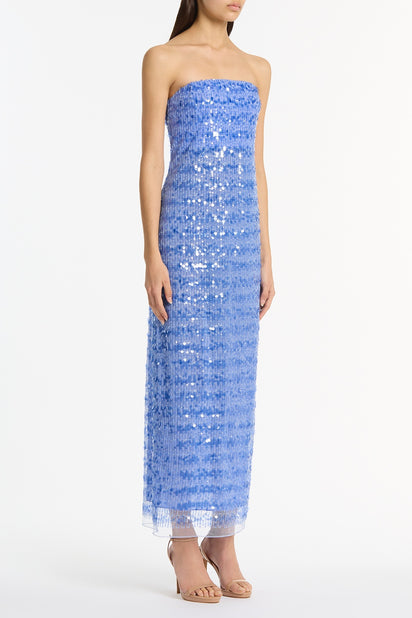 PACIFIC BLUE LINEAR SEQUIN STRAPLESS GOWN