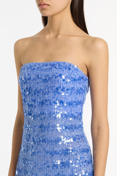 PACIFIC BLUE LINEAR SEQUIN STRAPLESS GOWN