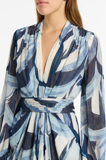 PAINTED FLORAL GEORGETTE WATERFALL DRESS