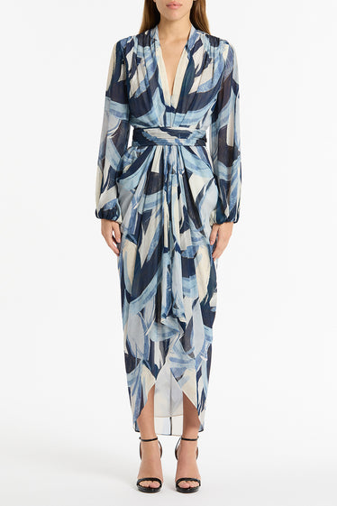 PAINTED FLORAL GEORGETTE WATERFALL DRESS