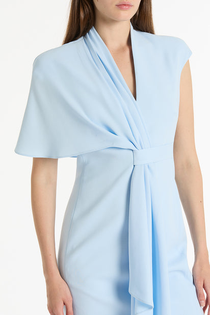 PALE BLUE CREPE ASYMMETRIC DRAPE DRESS
