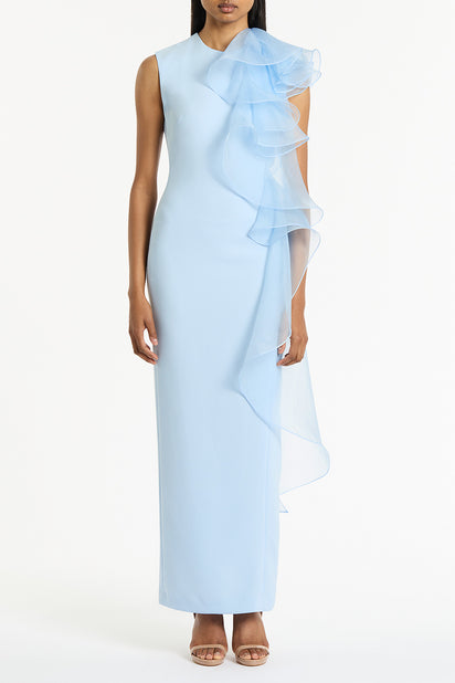 PALE BLUE CREPE RUFFLE SHOULDER GOWN