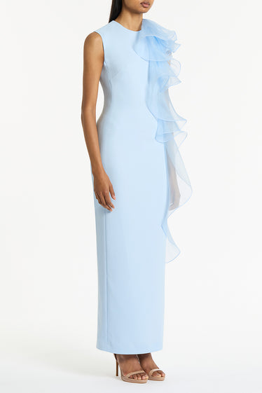 PALE BLUE CREPE RUFFLE SHOULDER GOWN