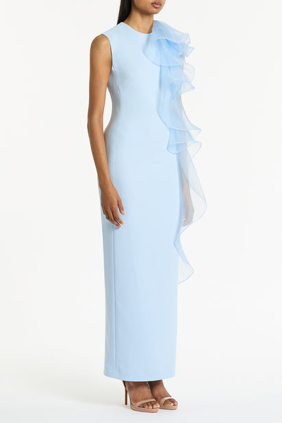 PALE BLUE CREPE RUFFLE SHOULDER GOWN