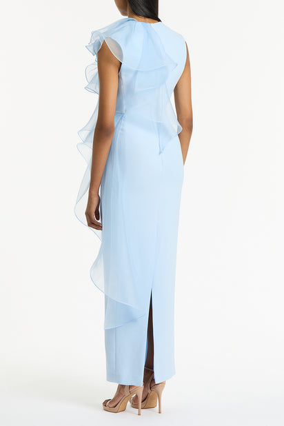 PALE BLUE CREPE RUFFLE SHOULDER GOWN