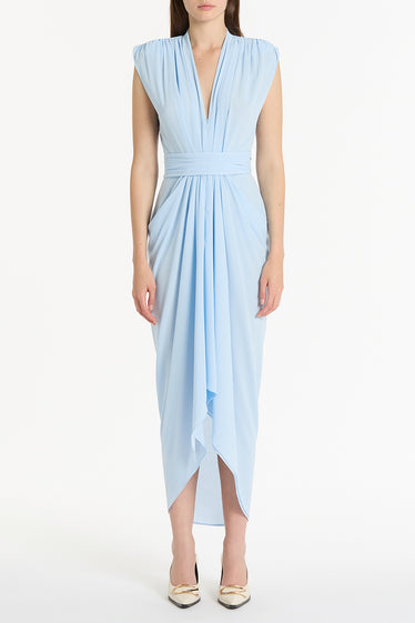 PALE BLUE GEORGETTE SLEEVELESS WATERFALL DRESS