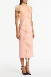 PALE ROSE CREPE RUFFLE FRONT MIDI DRESS
