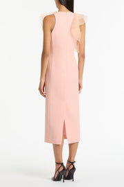 PALE ROSE CREPE RUFFLE FRONT MIDI DRESS