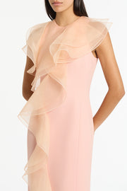 PALE ROSE CREPE RUFFLE FRONT MIDI DRESS