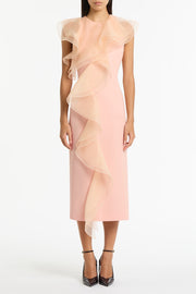 PALE ROSE CREPE RUFFLE FRONT MIDI DRESS