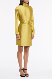 PEAR LUSTRE SATIN HIGH COLLAR BELTED DRESS