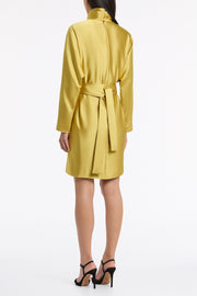 PEAR LUSTRE SATIN HIGH COLLAR BELTED DRESS