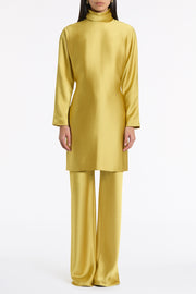 PEAR LUSTRE SATIN HIGH COLLAR BELTED DRESS
