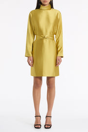 PEAR LUSTRE SATIN HIGH COLLAR BELTED DRESS
