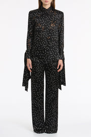 PINSPOT SILK BURNOUT FRONT NECK DRAPE BLOUSE