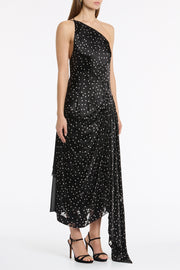 PINSPOT SILK BURNOUT PEAK HEM DRAPED DRESS