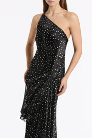 PINSPOT SILK BURNOUT PEAK HEM DRAPED DRESS
