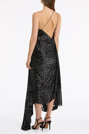 PINSPOT SILK BURNOUT PEAK HEM DRAPED DRESS
