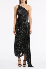PINSPOT SILK BURNOUT PEAK HEM DRAPED DRESS
