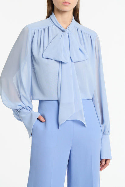 POWDER BLUE GEORGETTE BOW FRONT BLOUSE