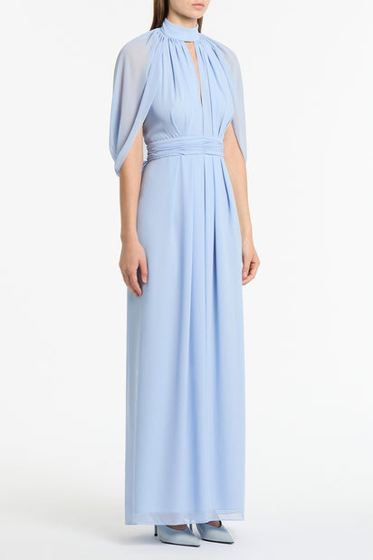 POWDER BLUE GEORGETTE HALTER CAPE GOWN