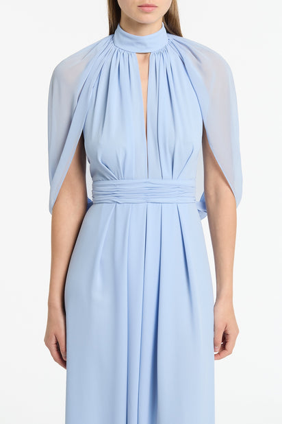 POWDER BLUE GEORGETTE HALTER CAPE GOWN