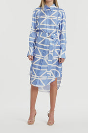PACIFIC BLUE AND IVORY GRID SILK TWILL RELAXED SHIRT DRESS