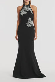 BLACK CREPE EMBELLISHED HALTER GOWN