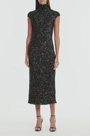 BLACK CRUSHED SEQUIN CAP SLEEVE MIDI DRESS