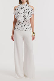 WHITE AND BLACK SPOT JACQUARD SLEEVELESS RUFFLE BLOUSE