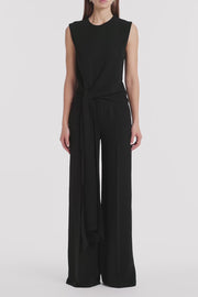 BLACK CREPE WAISTED TIE FRONT JUMPSUIT