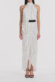 MONOCHROME DOT SILK VISCOSE HALTER DRAPED GOWN