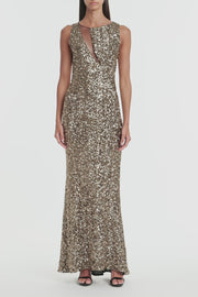 BRONZE CRUSHED SEQUIN MESH-INSERT DRESS