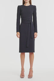 NAVY PINSTRIPE SPLIT SLEEVE MIDI DRESS